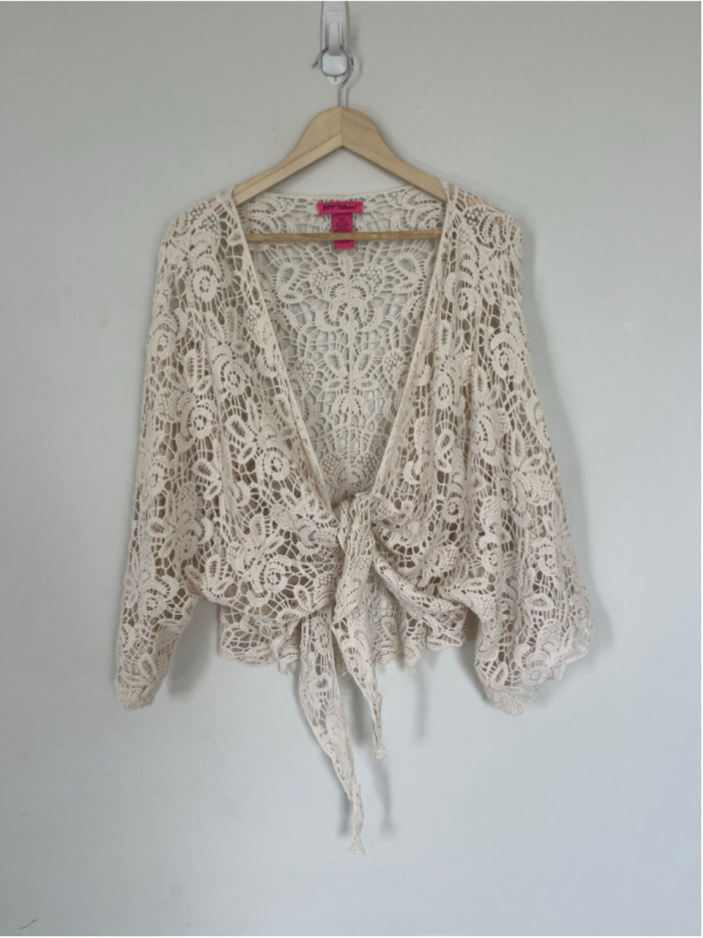 Betsey Johnson Crochet Tie-Front Blouse Beige 100% Cotton Bohemian Flowy Loose
